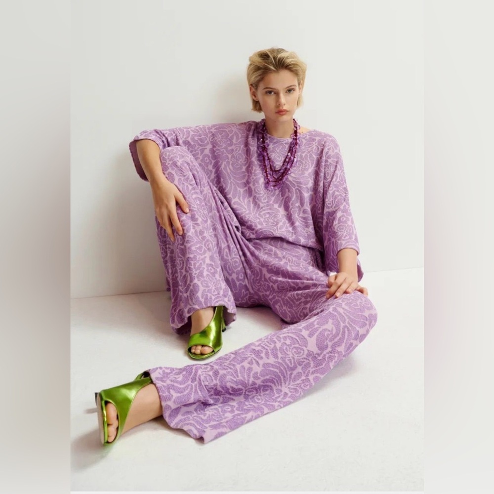 Essentiel Antwerp Set Jacquard-Knitted Lilac Floral Flare Wide Leg Luxury $510